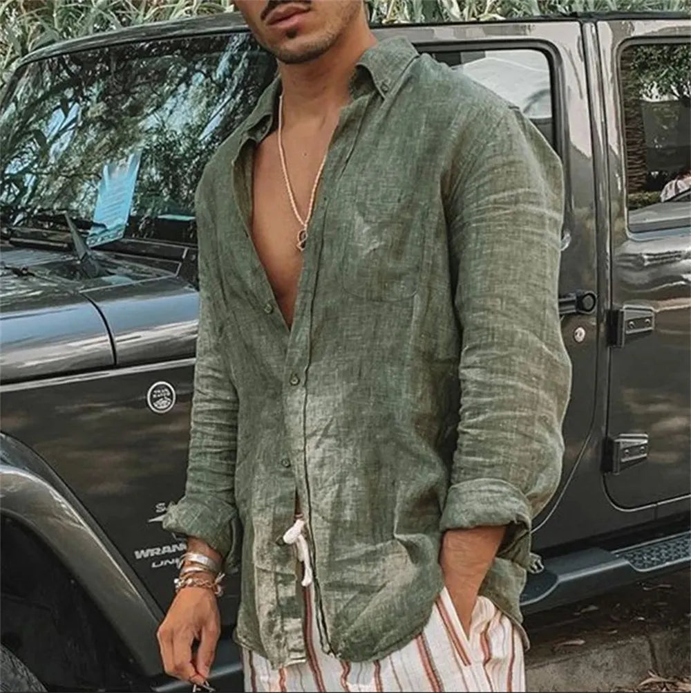maoxiangshop Men Casual Cotton Linen ShirtsStanding Collar Male Solid Color Long Sleeves Loose Tops Spring Autumn Handsome Men's Shirts