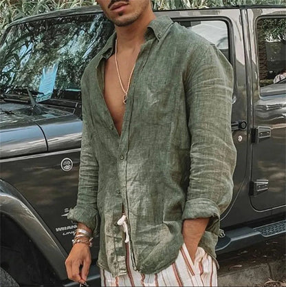maoxiangshop Men Casual Cotton Linen ShirtsStanding Collar Male Solid Color Long Sleeves Loose Tops Spring Autumn Handsome Men's Shirts