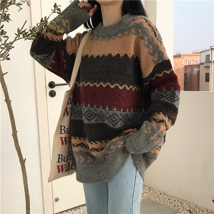 Winter Knitted Sweater Women Argyle Pullover Casual Loose Striped Sweater Vintage Chic Jumper Women Coat Long Sleeve Pull Femme