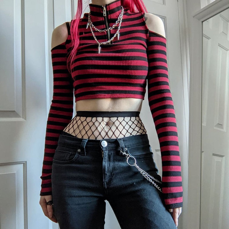 maoxiangshop Gothic Mall Goth Striped Print T-shirt Hollow Out Slim Fit Turtleneck Crop Top E-girl Harajuku Grunge Emo Alt Tees Women Clothes