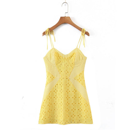 maoxiangshop Summer New Fashion Sexy Woman Slim Backless Hollow Embroidery Stitching Strap Mini Dress