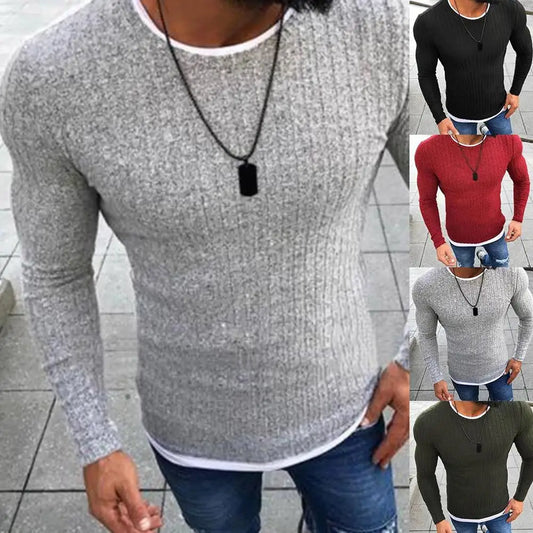 maoxiangshop Fashion  Men Sweater Top Color Block Patchwork O Neck Long Sleeve Pullover Knitted Sweater For Men's Clothings Winter