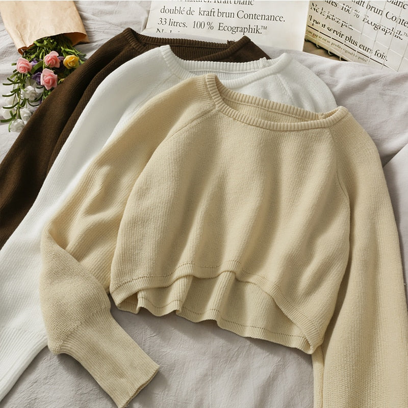 maoxiangshop New Autumn Women Solid Sweater O-Neck Loose Sweater Pullover Crop Top Sweaters Shirts Femme Knit Outwear Jumpers