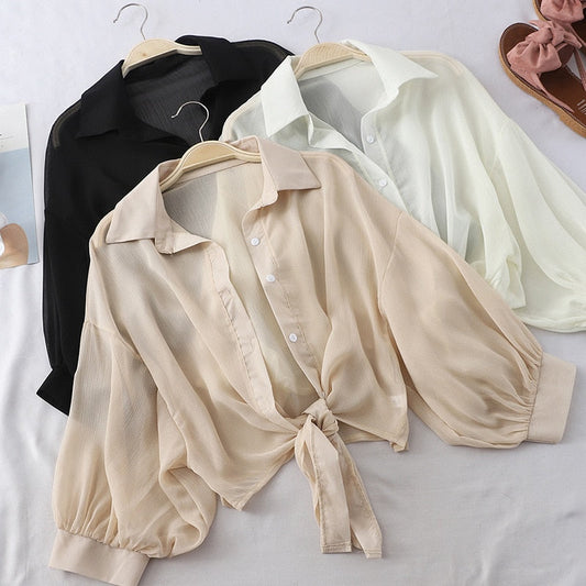 maoxiangshop Chiffon Shirts Women Summer Half Sleeve Buttoned Up Shirt Loose Casual Blouse Tied Waist Elegant Blouses For Women