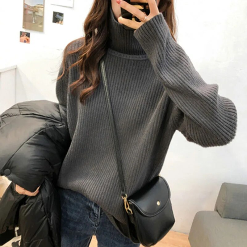 maoxiangshop Turtleneck Knitted Women Sweater Streetwear Long Sleeve Tops Pullover Black Korean Vintage Female High Neck Clothing Winter