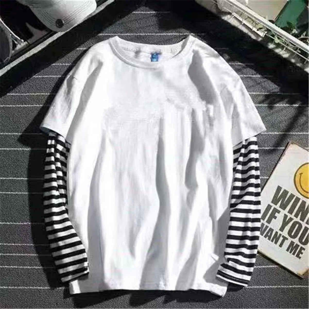 maoxiangshop Cool Striped Patchwork T-Shirt Men Autumn Oversize Tops Boys Solid Long Sleeve T Shirt Fashion Japanese Gothic Japan T Shirt