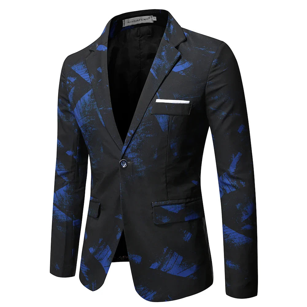 maoxiangshop WELL DRESSED MEN Gentleman Blazers Men Blue Patterning Printed Suit Jacket Casual Coat Prom Singer Concert Stage Costume Winter Size S-5XL