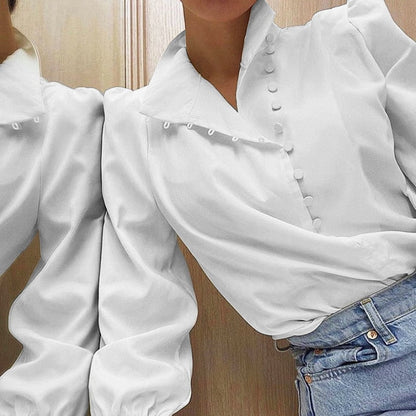 maoxiangshop Elegant Turtleneck Blouse Long Sleeve White Shirt Office Ladies Top Casual Solid Single-Breasted Puff Sleeve Womens Blouses