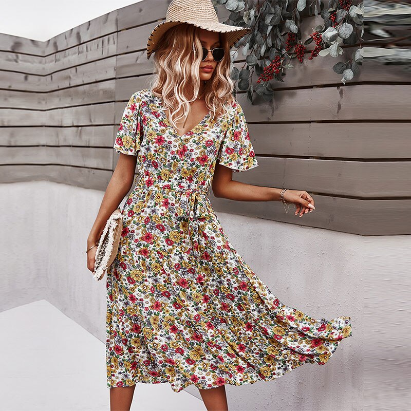 Spring New Short Sleeve Floral Dress Women Casual High Waist Sexy V Neck Print Summer Long Dress