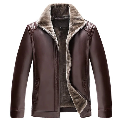 maoxiangshop Winter Men's Leather Plus Velvet Thick Fur One Lapel Leather Jacket Warm Casual Slim Smart Mens Leather Jacket Male Winter Coats