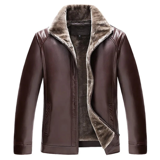 maoxiangshop Winter Men's Leather Plus Velvet Thick Fur One Lapel Leather Jacket Warm Casual Slim Smart Mens Leather Jacket Male Winter Coats