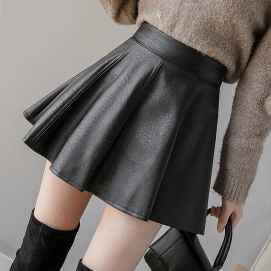 maoxiangshop PU Pleated Skirt Autumn Women Solid Color Leather Winter Skirts Womens Slim High Waist Saia Faldas Chic Zipper Mini Skirt