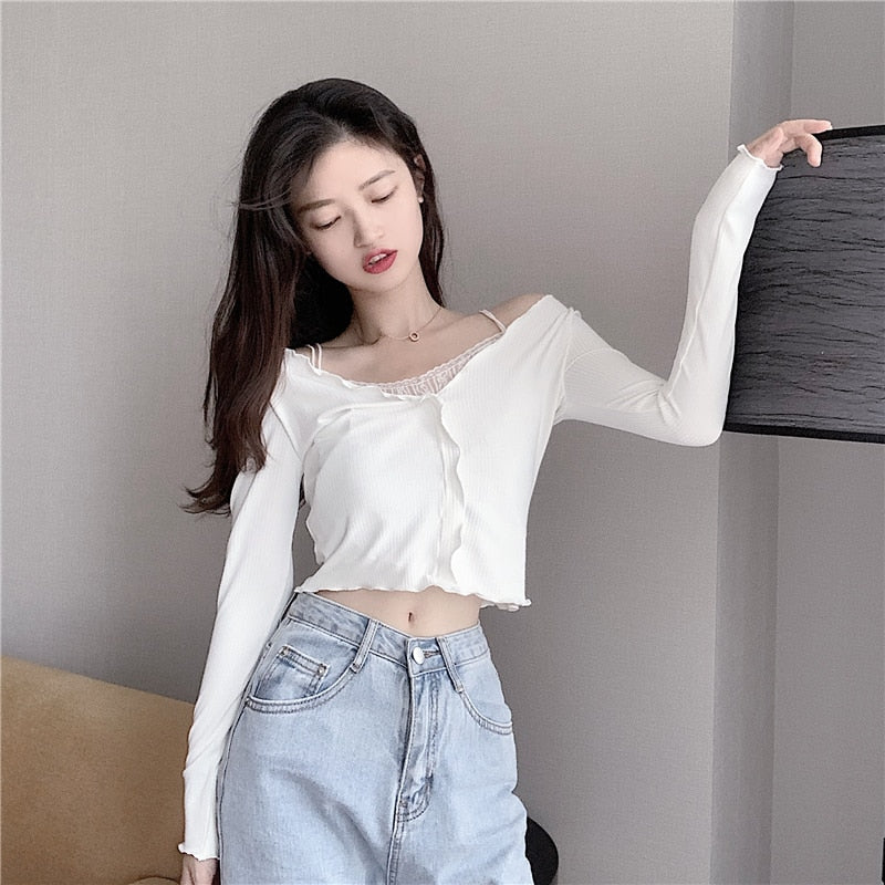 White Lace Fake Two Piece Suspender Long Sleeve T-shirt Women's Autumn Machine Sexy Off Shoulder Bottoming Shirt Short Top