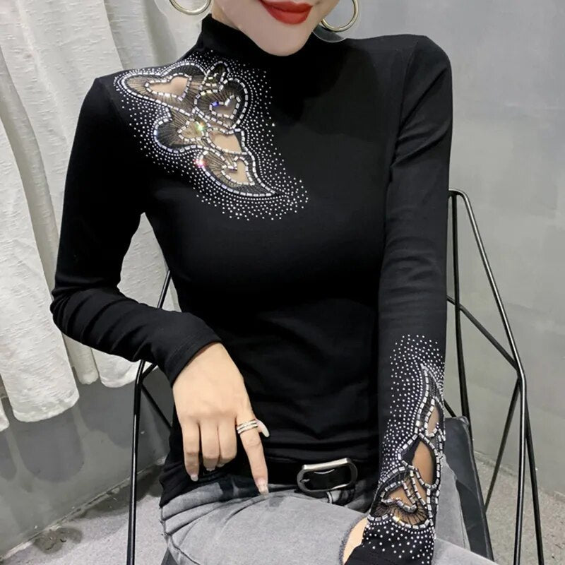 maoxiangshop Spring Autumn New Women's Tops Shirt Fashion Casual Turtleneck Long Sleeve Hollow Out Hot Drilling Mesh T-Shirt M-3XL