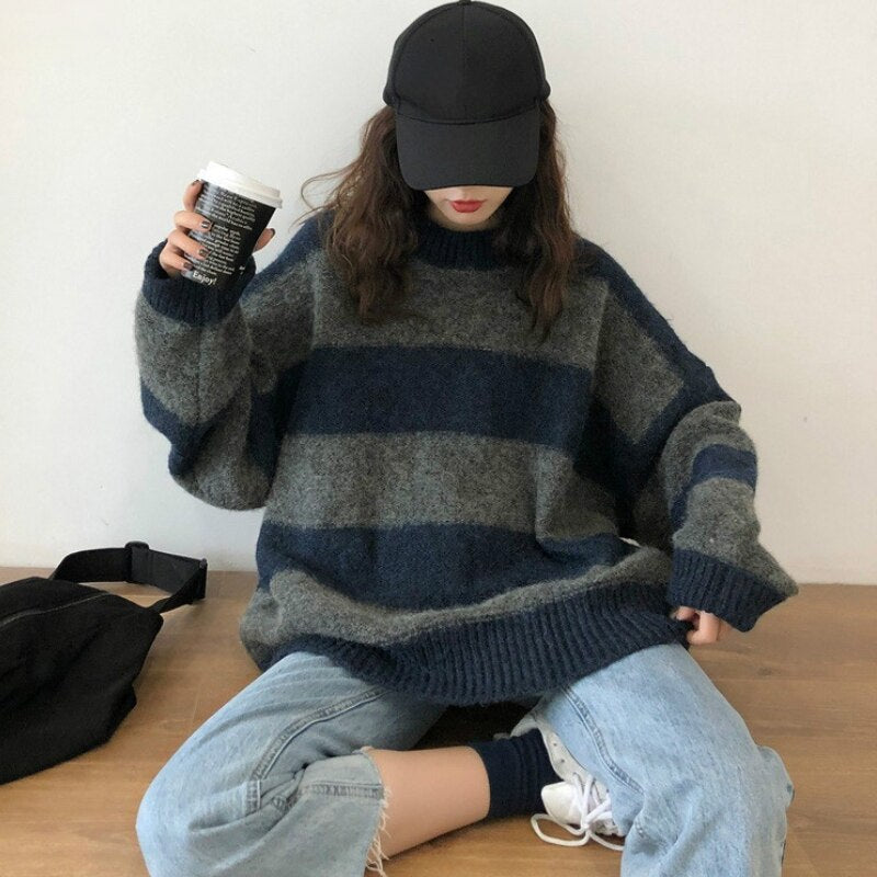 Thin Oversized Sweater Women Vintage Loose Pullover Casual Striped Sweaters Knitted Jumper Fashion Streetwear Sueter Mujer