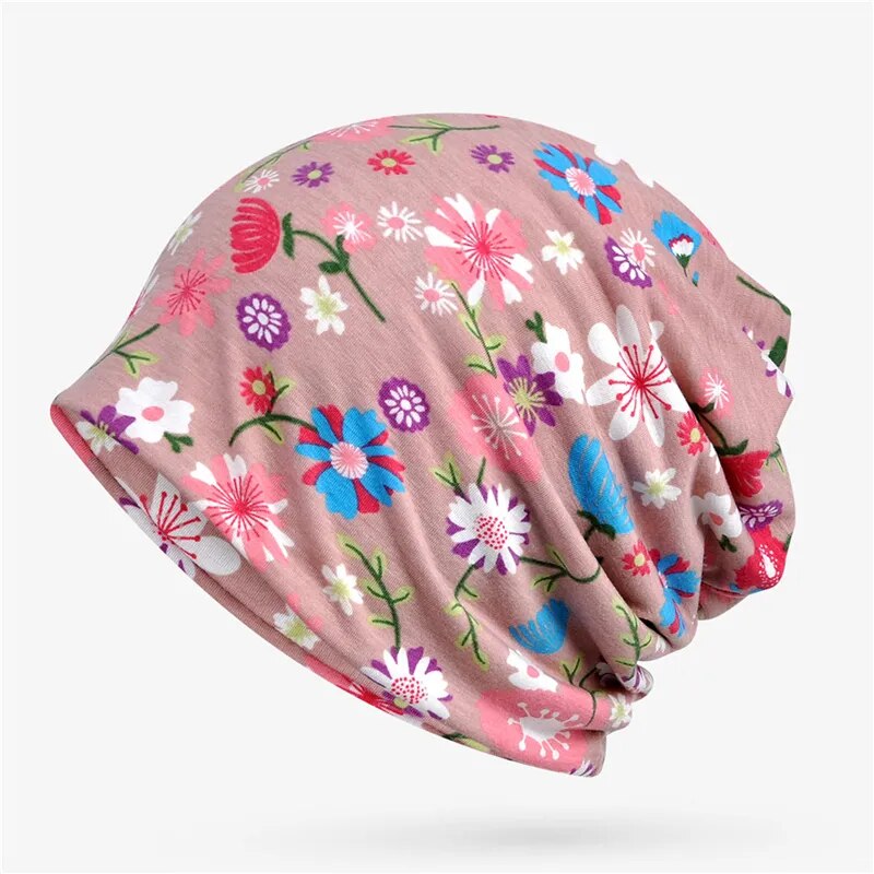 maoxiangshop Boho Style Women Beanie Cap Winter Floral Print Warm Hat Fashion Soft Thermal Skullies Hat Female Scarf Bonnet