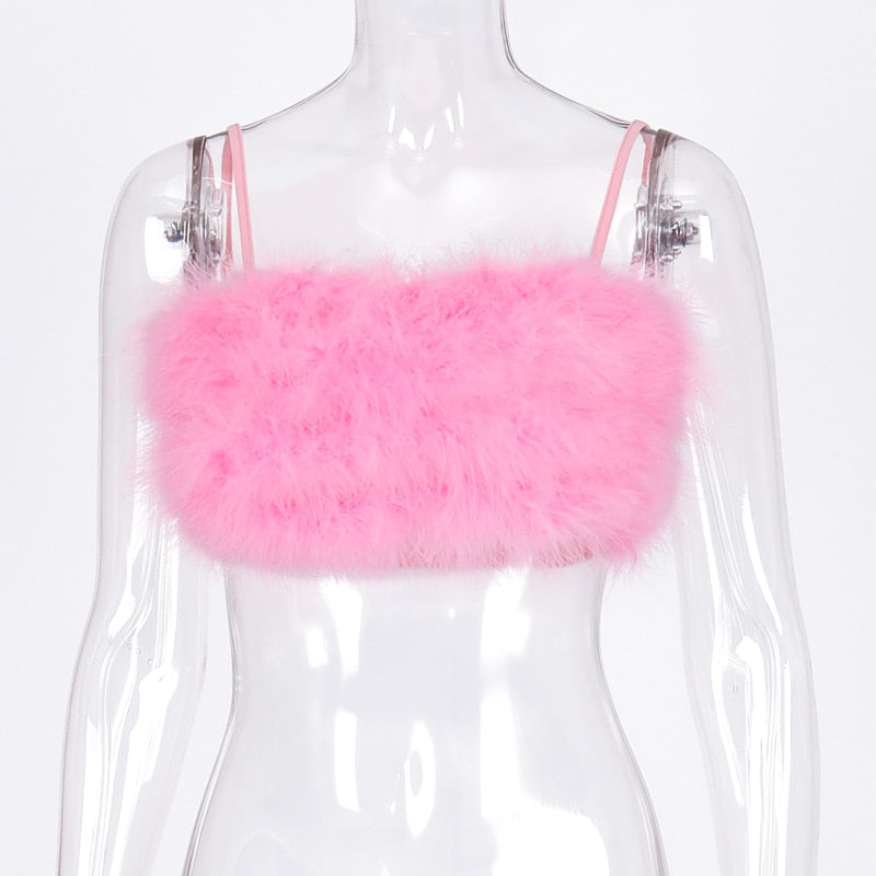 maoxiangshop fake fur patchwork sleeveless tube sexy crop tops autumn winter women pink streetwear pur outfits camis