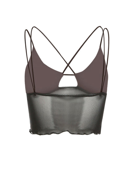 maoxiangshop Women Solid Sleeveless Camisole Short Tank Tops Cross Bandages Perspective Short Summer Camis Female Backless Streetwear