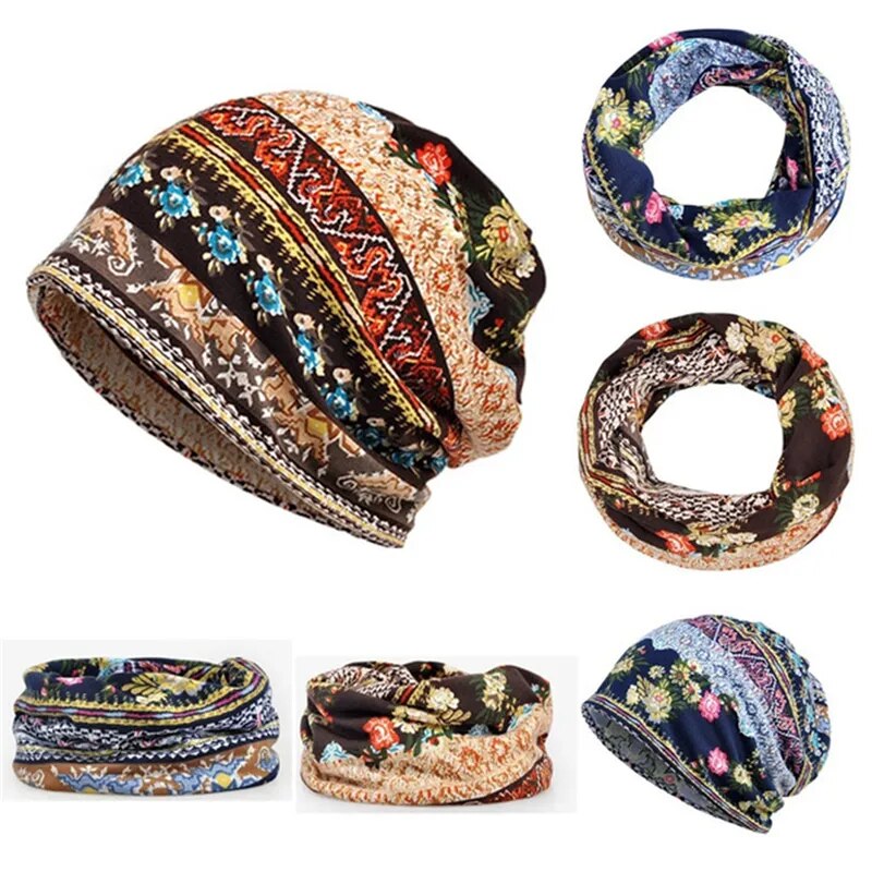 maoxiangshop Boho Style Women Beanie Cap Winter Floral Print Warm Hat Fashion Soft Thermal Skullies Hat Female Scarf Bonnet