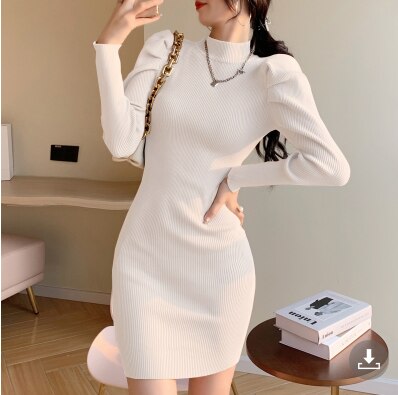 maoxiangshop Women Knitting Full Puff Sleeve Base Sweaters Dresses Girls Slim Turtleneck Mini Sheath Knitwear Dress Real Photos