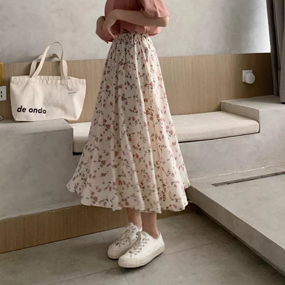 maoxiangshop Vintage Floral Print A-line Pleated Long Skirts Summer Women Korean Skirt Streetwear Drawstring Elastic Waist Midi Skirt