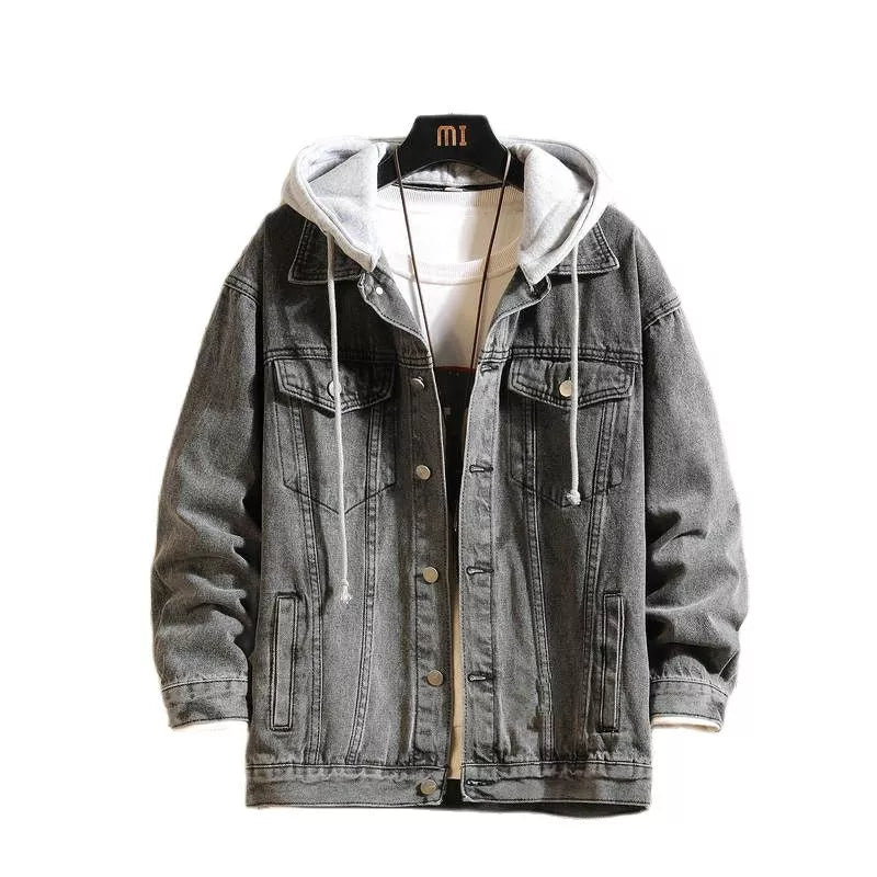 maoxiangshop Denim Jacket Men Hooded Casual Men Jean Jackets Streetwear Solid Color Turn Down Collar Denim Coats Men Jacktes Hat Detachable