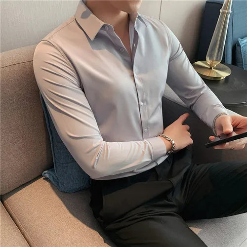 maoxiangshop Plus Size S-7XL High Quality Men Dress Shirt Autumn Long Sleeve Solid Business Slim Shirts Homme Dress Social Casual Shirt