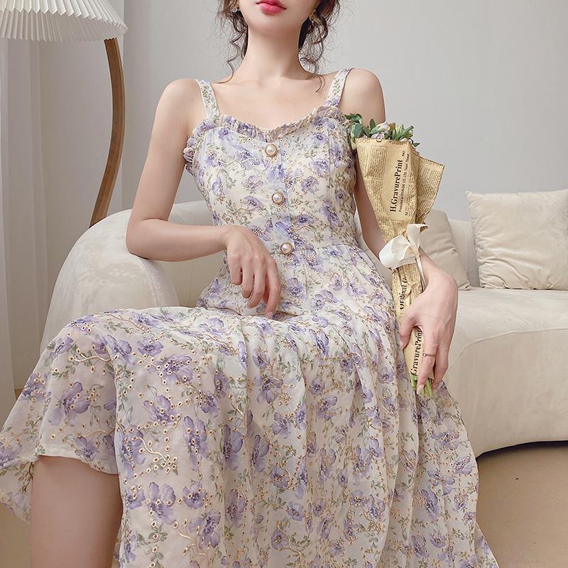 maoxiangshop Women Summer Print Floral Midi Dress Vintage Franch Style Female Strapless Party Dress Casual Holiday Lady Boho Vestido