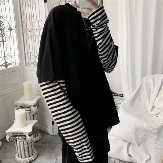maoxiangshop Cool Striped Patchwork T-Shirt Men Autumn Oversize Tops Boys Solid Long Sleeve T Shirt Fashion Japanese Gothic Japan T Shirt
