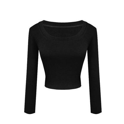 maoxiangshop Soft Elastic Tees Women U-neck Cropped T-shirts Girls Full Sleeve Sheath Tshirt Basic Crop Tops Girls Base Undershirts