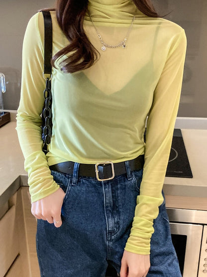 maoxiangshop Size M-3XL Girls Colorful Mesh T-Shirts Tees Female Transparent Long Sleeve Turtleneck Thin Tshirt Tops Women Spring Fall