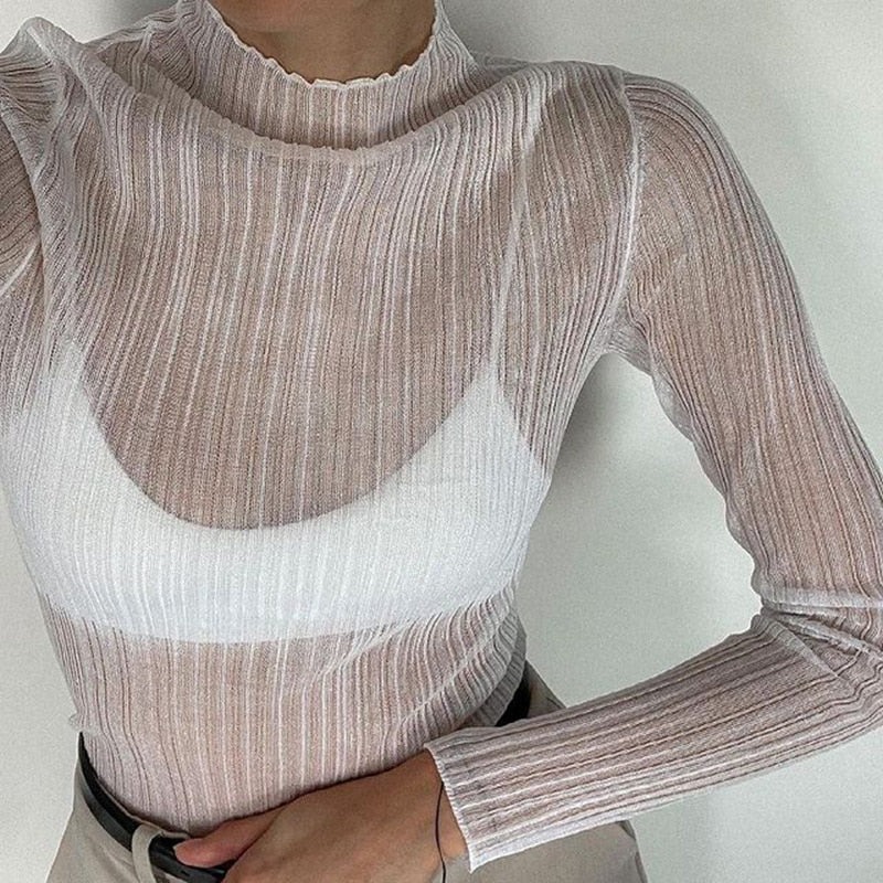 maoxiangshop Fall Elegant See Through Long Sleeve Mock Neck Women Tops Fashion Streetwear Sexy T-Shirts Tees Slim Clothes