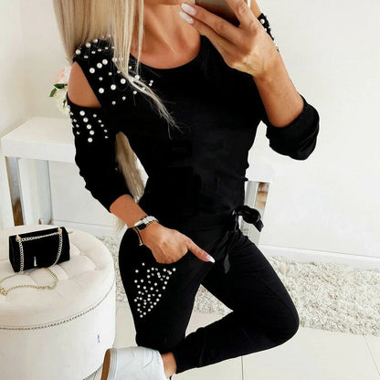 maoxiangshop Women's Casual 2 Piece Outfits Hollow Out Design Beading Decor O-Neck Long/Short Sleeve Solid Top+Drawstring Slim Pencil Pants