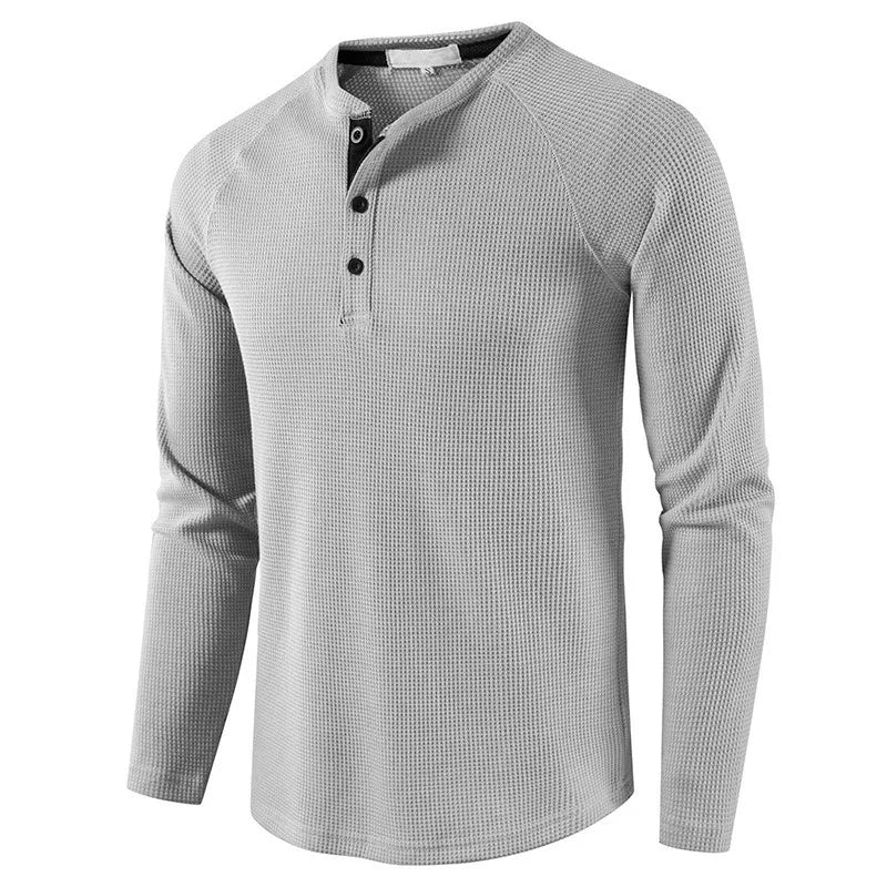 maoxiangshop Fashion Waffle Cotton T Shirt Men Spring New Slim Fit Long Sleeve Henley Tshirt Men Streetwear Casual Solid Color T-Shirt