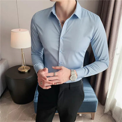 maoxiangshop Plus Size S-7XL High Quality Men Dress Shirt Autumn Long Sleeve Solid Business Slim Shirts Homme Dress Social Casual Shirt