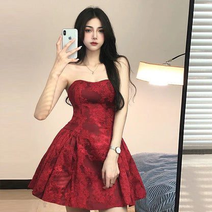 maoxiangshop Lady Elegant Slim Off Shoulder Backless Dresses Sexy Party Sleeveless Streetwear Red Women Strapless Mini Dress 2023 Summer