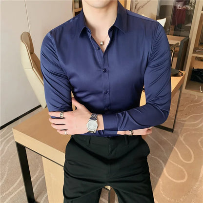 maoxiangshop Plus Size S-7XL High Quality Men Dress Shirt Autumn Long Sleeve Solid Business Slim Shirts Homme Dress Social Casual Shirt