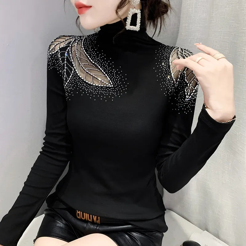 maoxiangshop Spring Autumn New Women's Tops Shirt Fashion Casual Turtleneck Long Sleeve Hollow Out Hot Drilling Mesh T-Shirt M-3XL