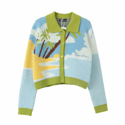 maoxiangshop  -  Letter Embroidery Harajuku Knitted Single Breasted Cropped Cardigan Women Autumn Long Sleeve Turn Down Collar Sweater Coat