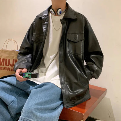 maoxiangshop Black Faux Leather Jacket Men Autumn Mens Hip Hop Jacket PU Leather Male Oversize Streetwear Korean Trend Jackets Coats