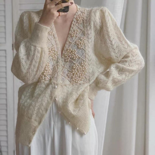 Y2K Beaded Knit Cardigan Women's V-neck Elegant Autumn and Winter Knit Top Soft Loose Women's Coat Mohair Sweater Beautiful