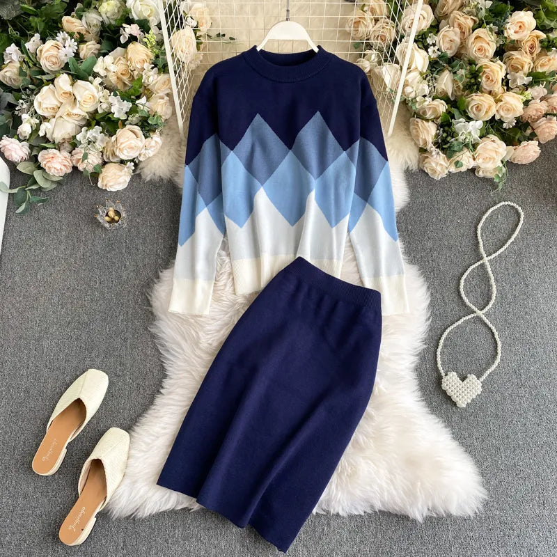 Women's Knitted Sets 2021 New Spring O-neck Geometric Palid Loose Pullover Sweater Tops And Long Pencil Skirt Two Piece Set