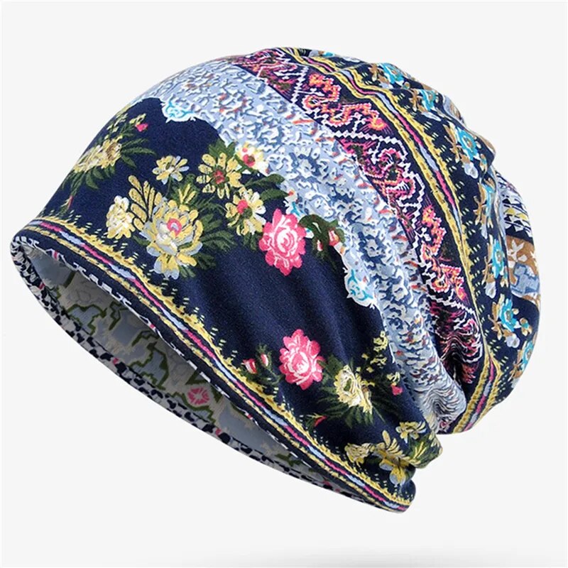 maoxiangshop Boho Style Women Beanie Cap Winter Floral Print Warm Hat Fashion Soft Thermal Skullies Hat Female Scarf Bonnet