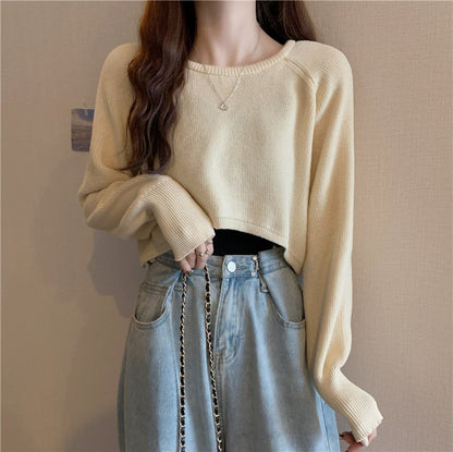 maoxiangshop New Autumn Women Solid Sweater O-Neck Loose Sweater Pullover Crop Top Sweaters Shirts Femme Knit Outwear Jumpers