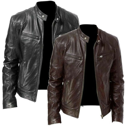 maoxiangshop Autumn Male Leather JacketNew  Black Brown Mens Stand Collar Coats Leather Biker Jackets  Motorcycle Leather Jacket