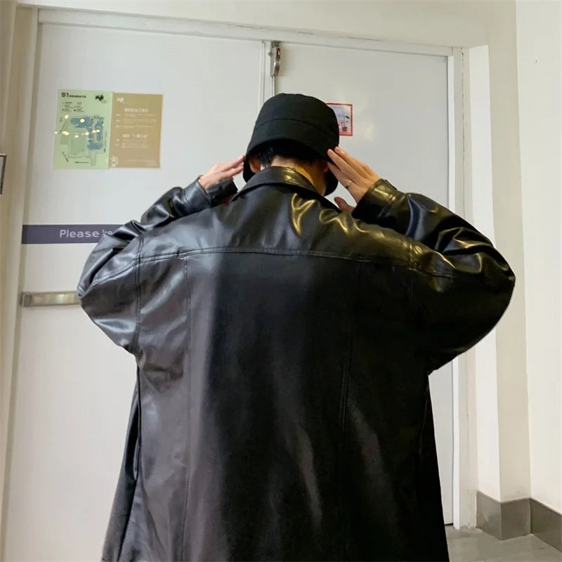 maoxiangshop Black Faux Leather Jacket Men Autumn Mens Hip Hop Jacket PU Leather Male Oversize Streetwear Korean Trend Jackets Coats