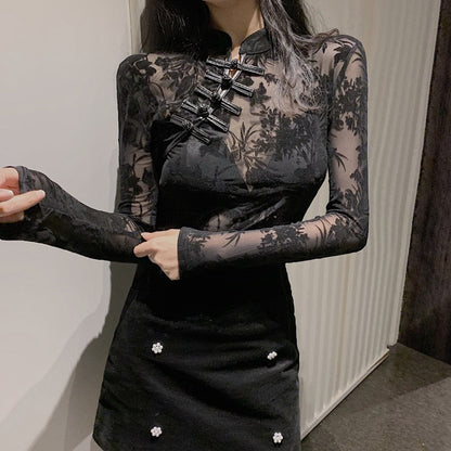 maoxiangshop Girls Transparent Lace Blouses Shirts Tees Female Chinese Style Turtleneck Vintage Full Sleeve Black Blouses Tops For Women