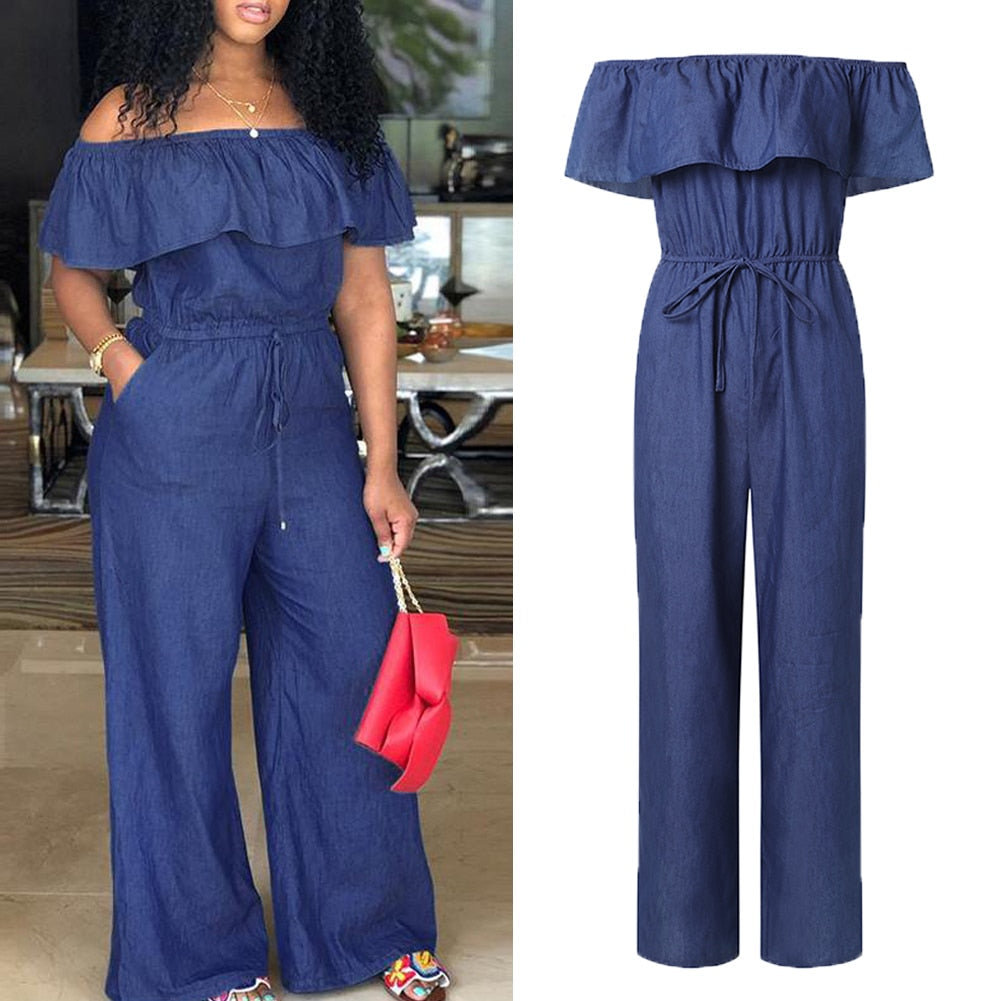 maoxiangshop Fashion Casual Women Solid Off Shoulder Long Romper Jumpsuit Bodysuit Overall Wide Legs