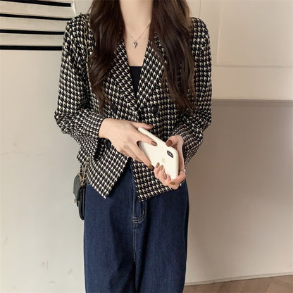 Y2K Elegant Autumn Winter Plaid Women Blazer Coat Causal Long Sleeve Tweed Coat Short Office Ladies Pocket Women Suit Blazer