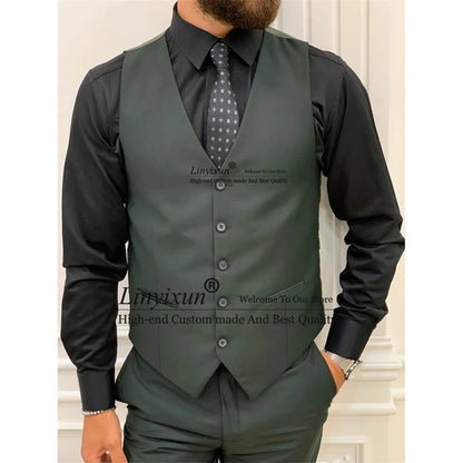 maoxiangshop Classic Dark Green Slim Fit Men Suits Peak Lapel Wedding Tuxedo Groom Prom Male Blazer 3 Pieces Jacket Pant Vest Terno Masculino